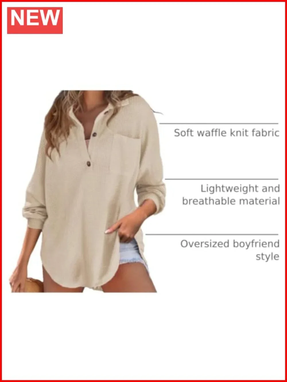 Waffle Knit Henley Top Oversized Tunic Button Down Long Sleeve